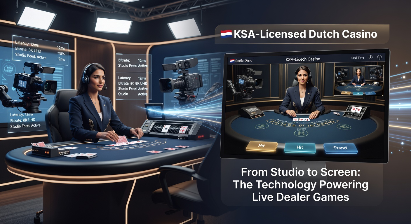 Modernes Live-Dealer-Studio mit mehreren Kameras und Dealer am Blackjack-Tisch, beleuchtet für hochauflösende Streams